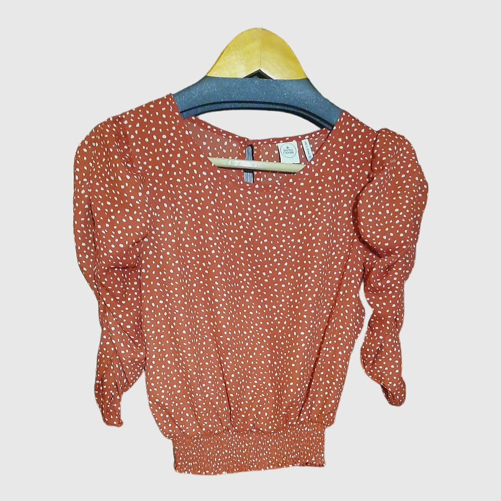 Paper Crane Smocked Band Top Shirring Puff Sleeves Burnt Orange Dot Print  XS - Picture 8 of 9